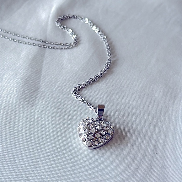 Romantic Silver Heart Pavé Rhinestone Pendant 18” Necklace - Picture 2 of 11